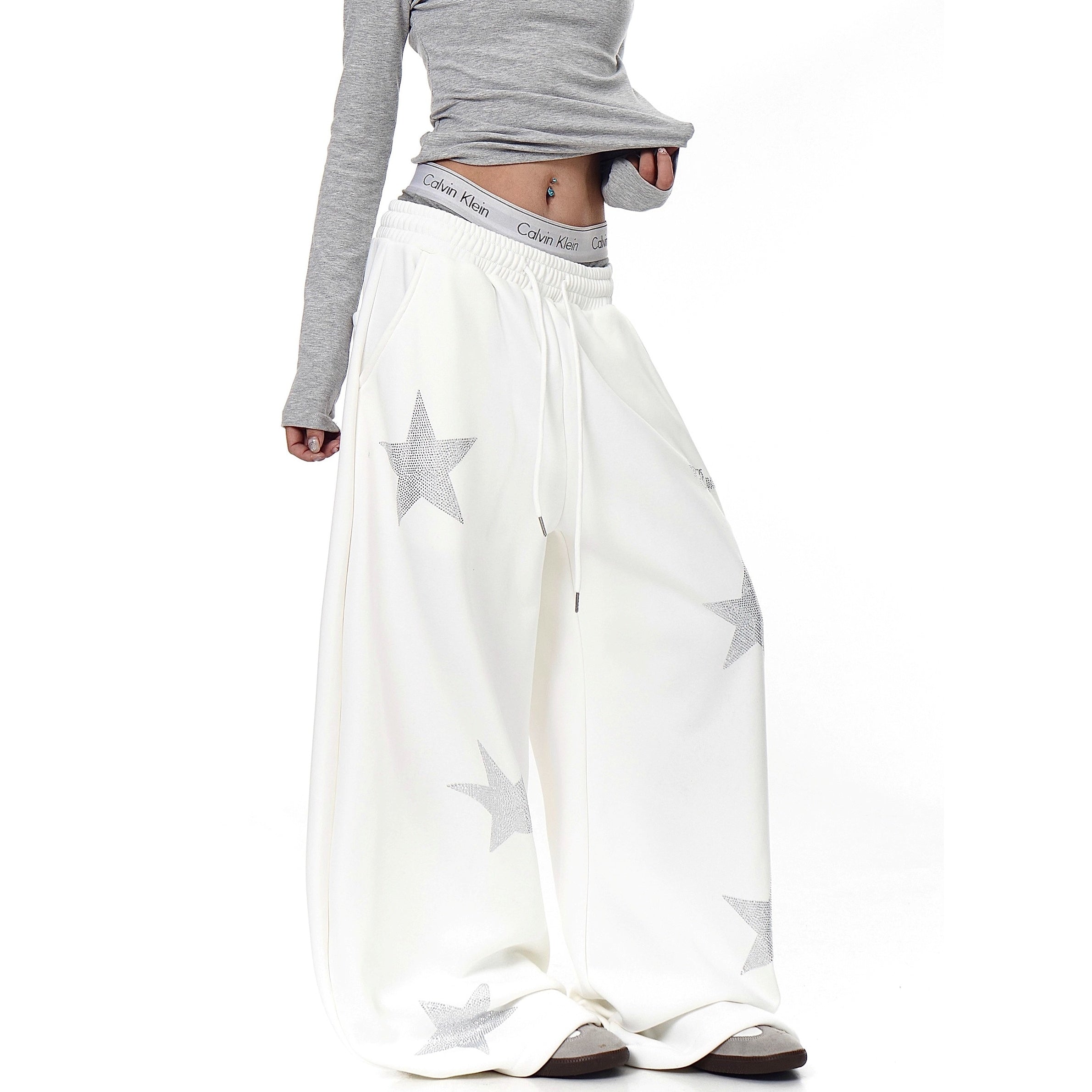 Star Rhinestone Design Curve Sweat Pants BK7060