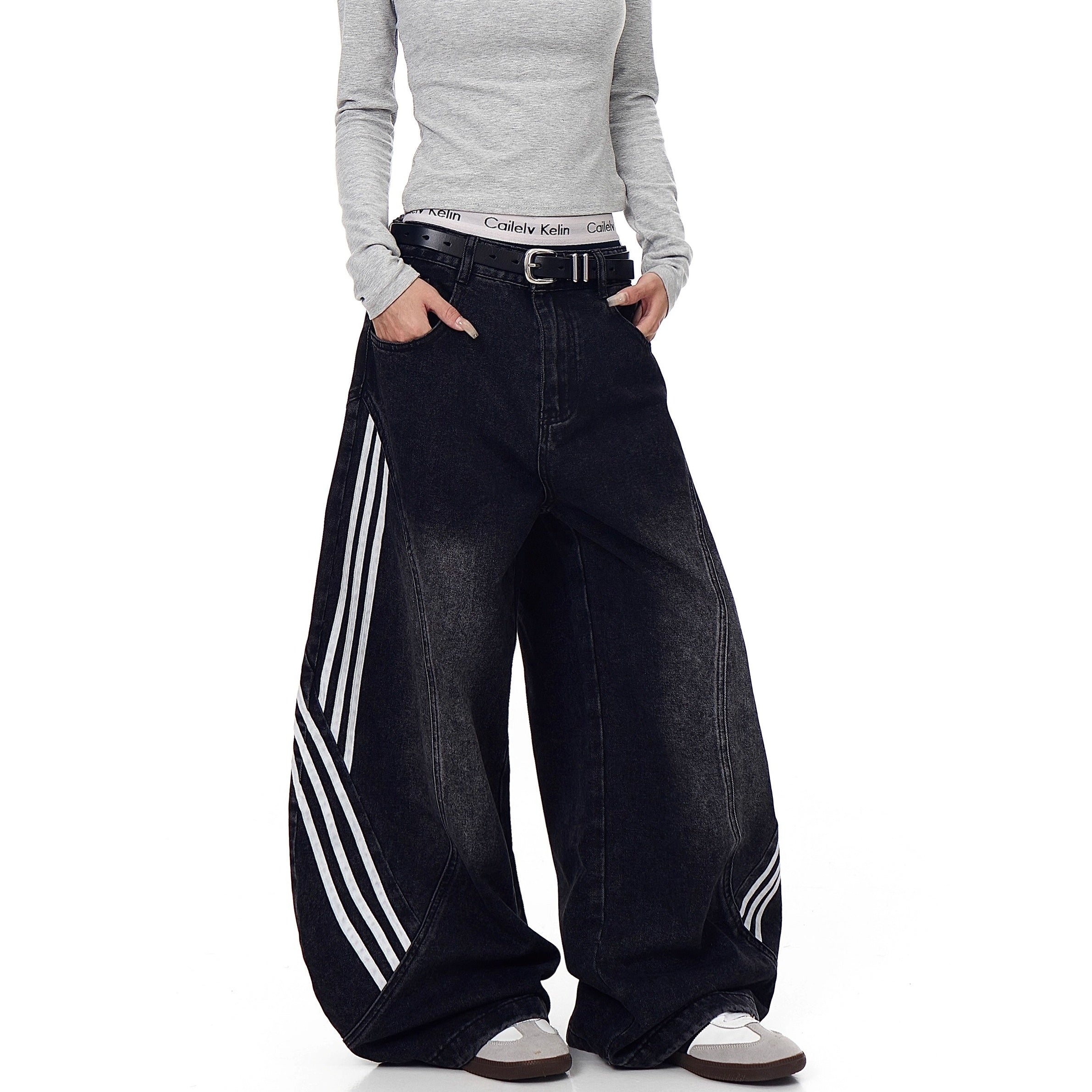 Striped Patchwork Washed Scimitar Jeans BK7031