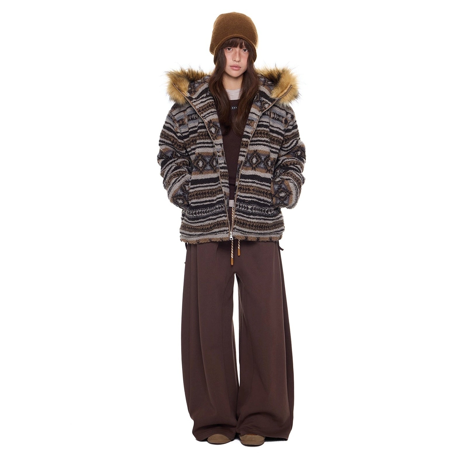 Ethnic Pattern Fur Collar Hooded Jacket EZ280