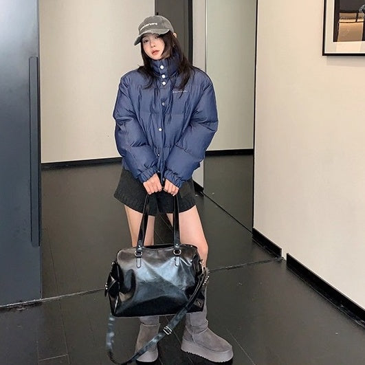 Denim Fabric Cropped Puffer Jacket OS2062