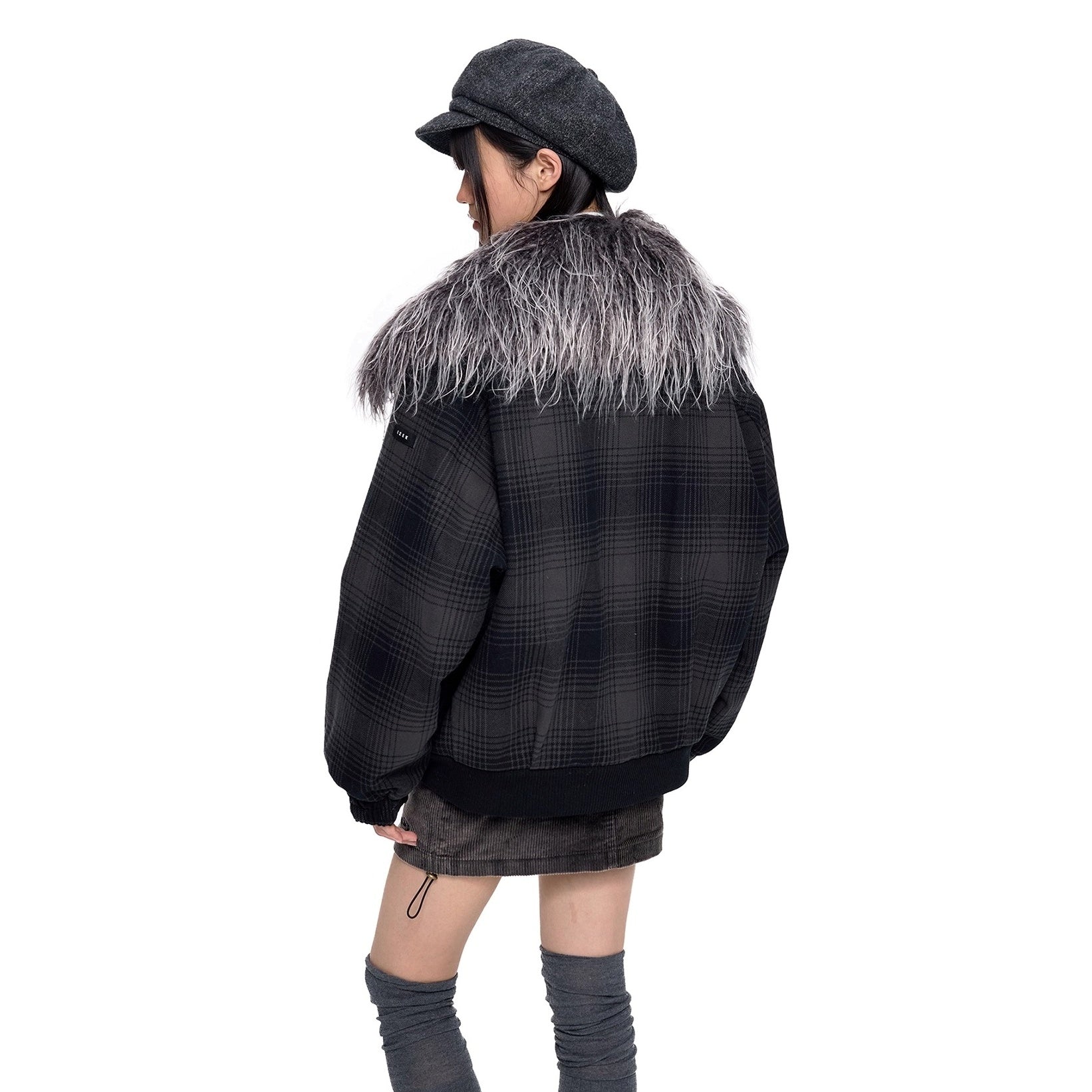 Fur Collar Shawl Plaid Jacket EZ249