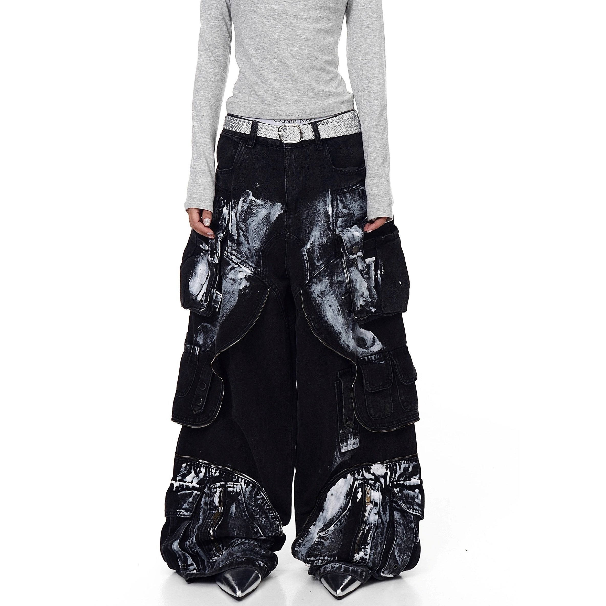 Dirty Worn Zipper Splicing Cargo Jeans BK7043