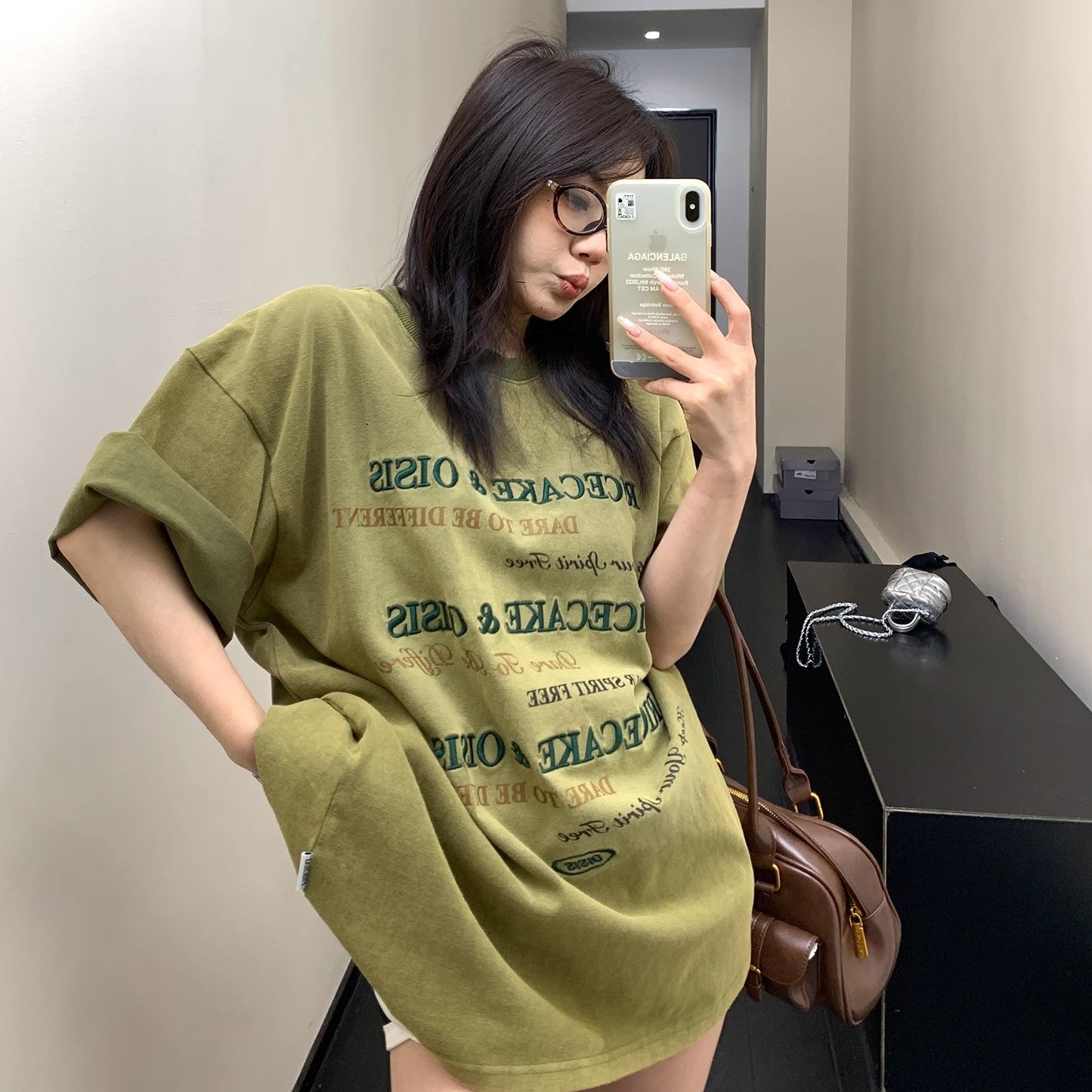 Old Letter Embroidery Loose Washed T-shirt OS2010