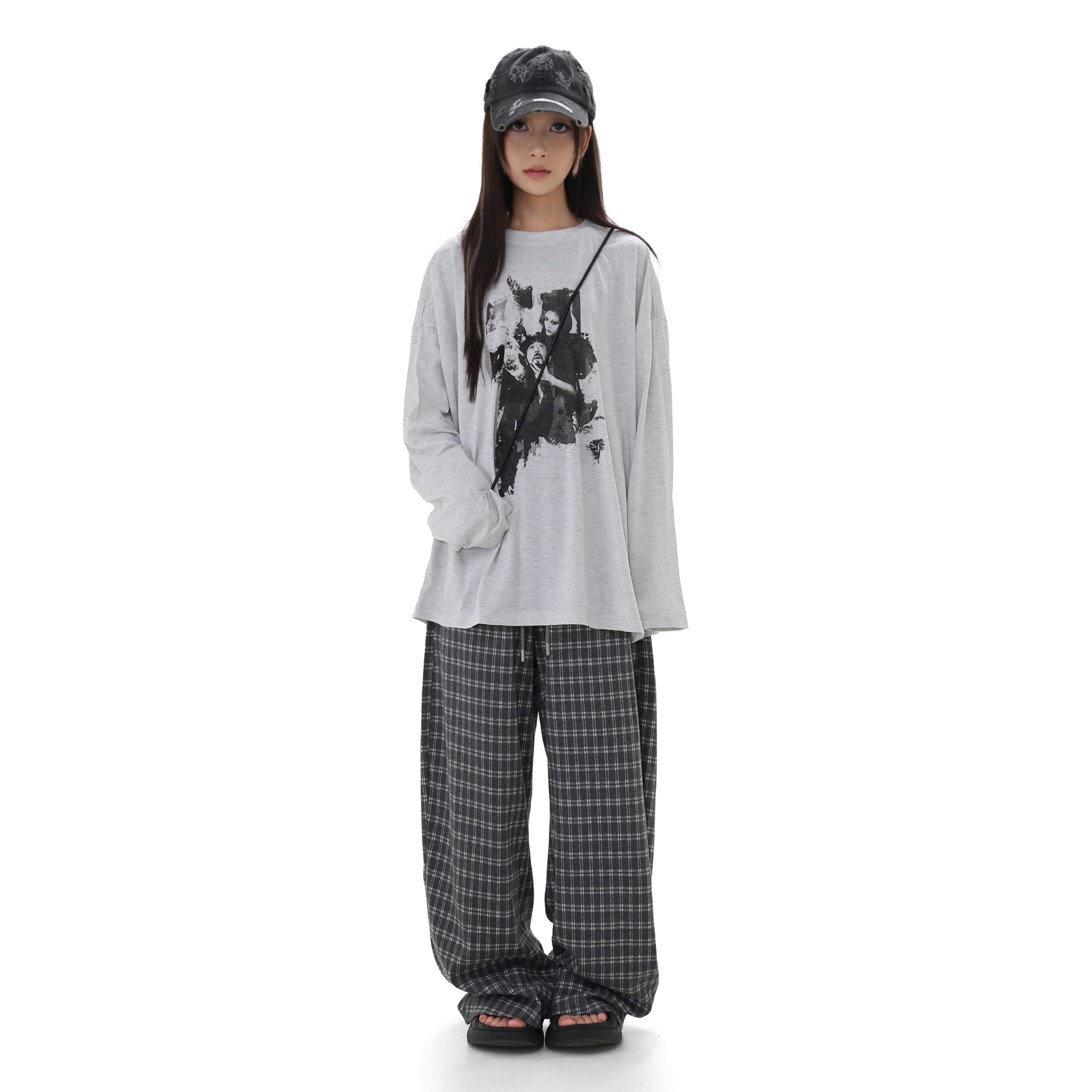 Elastic Waist Plaid Wide-leg Pants GB7038