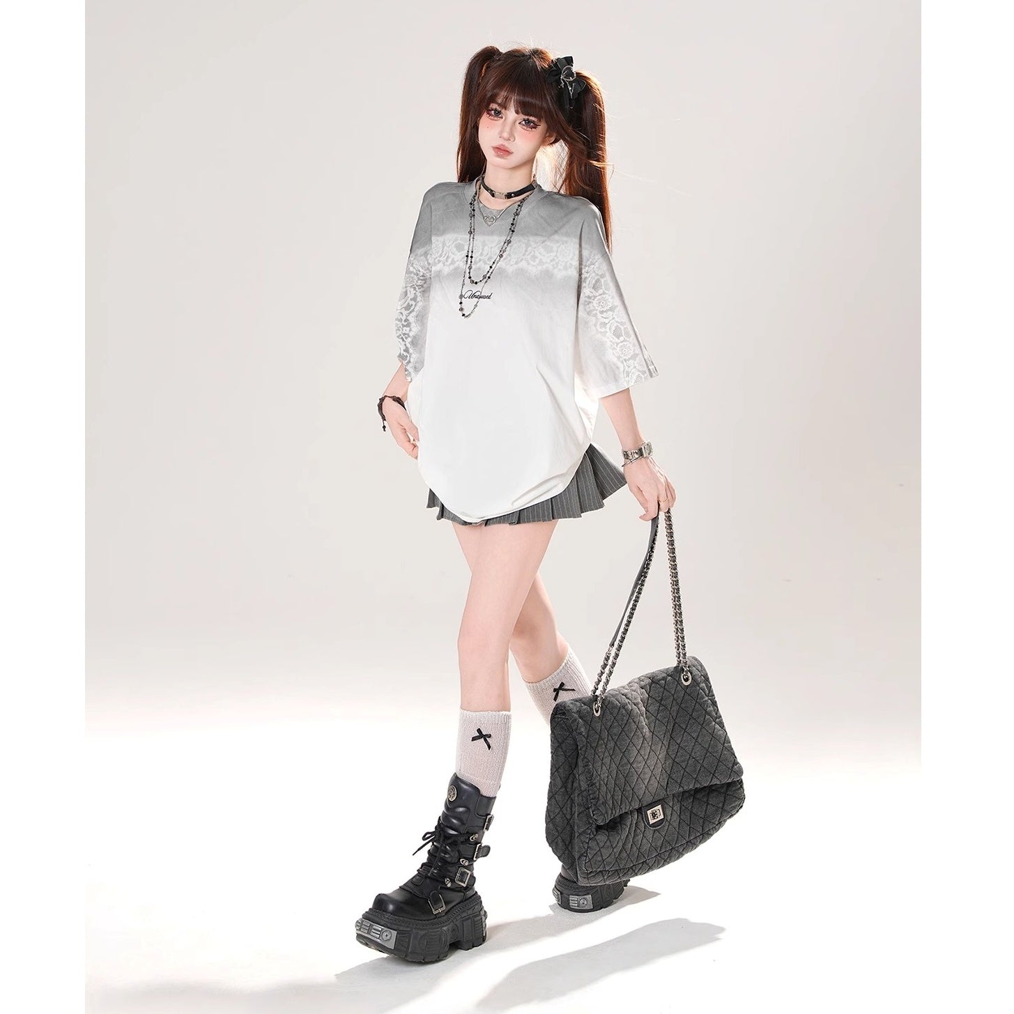 Lace Print Gradation Loose T-shirt KK2071