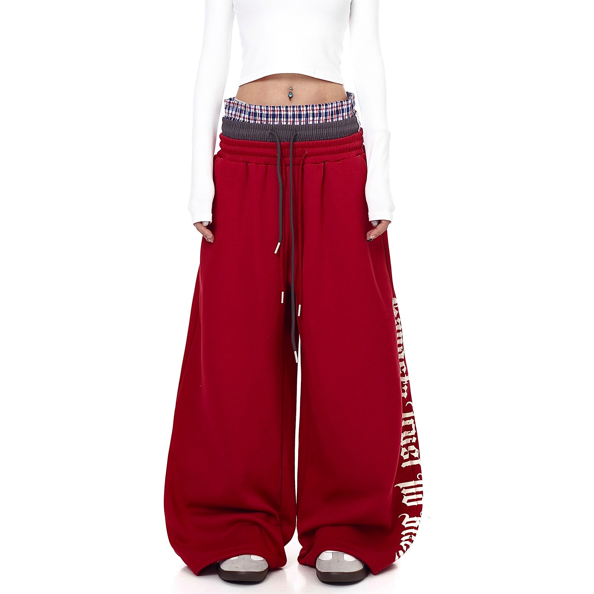 Triple-waist Patchwork Letter Drawstring Sweat Pants BK7063