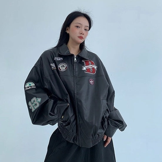 Vintage PU Leather Loose Embroidered Jacket OS2028