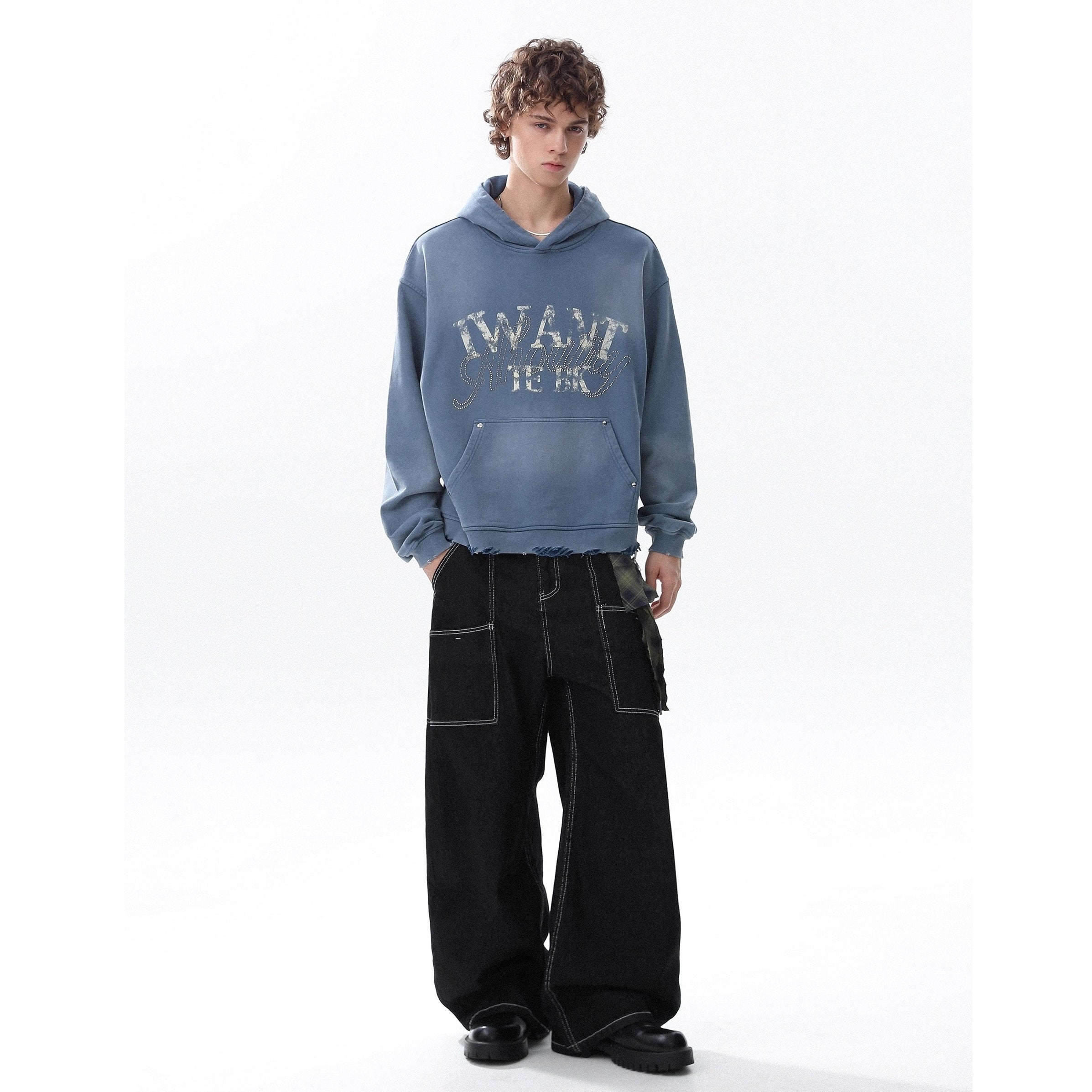 RhineStone Letter Print Damage Hoodie MR8025