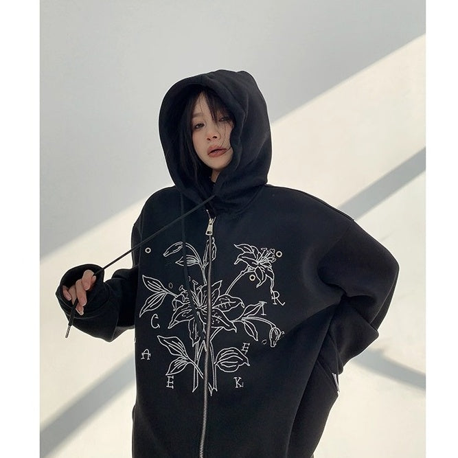 Flower Embroidered Loose Hooded Jacket OS2050