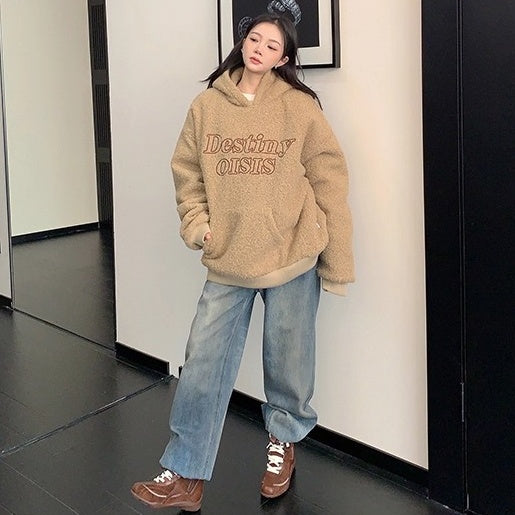 Letter Stitch Oversize Boa Hoodie OS2061