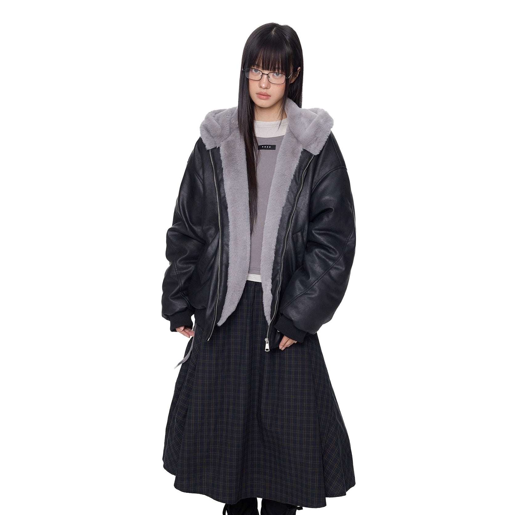 Furry Hooded PU Leather Loose Jacket EZ288