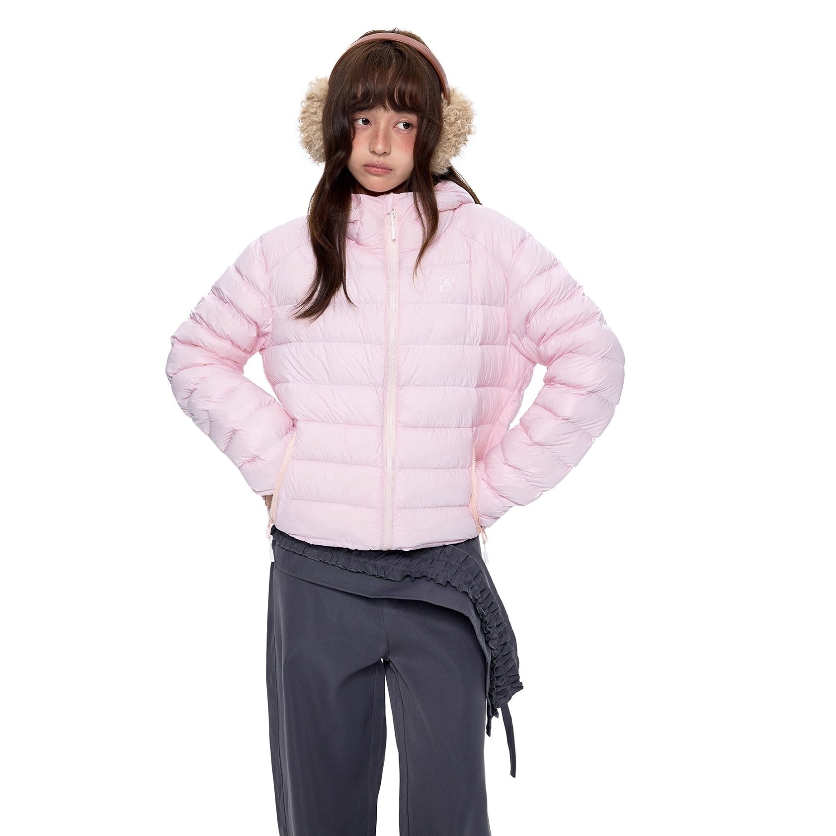 Rib Print Hooded Light Down Jacket EZ247