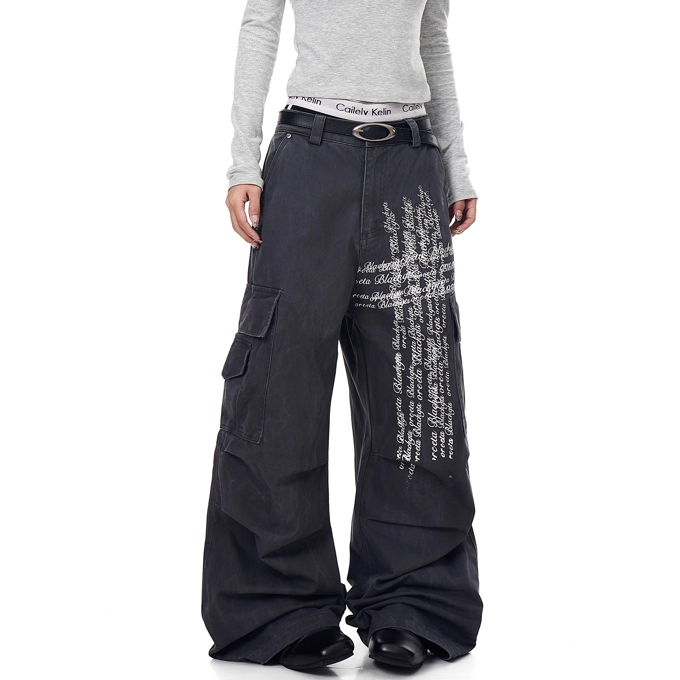 Washed Pleated Letter Print Cargo Pants BK7013