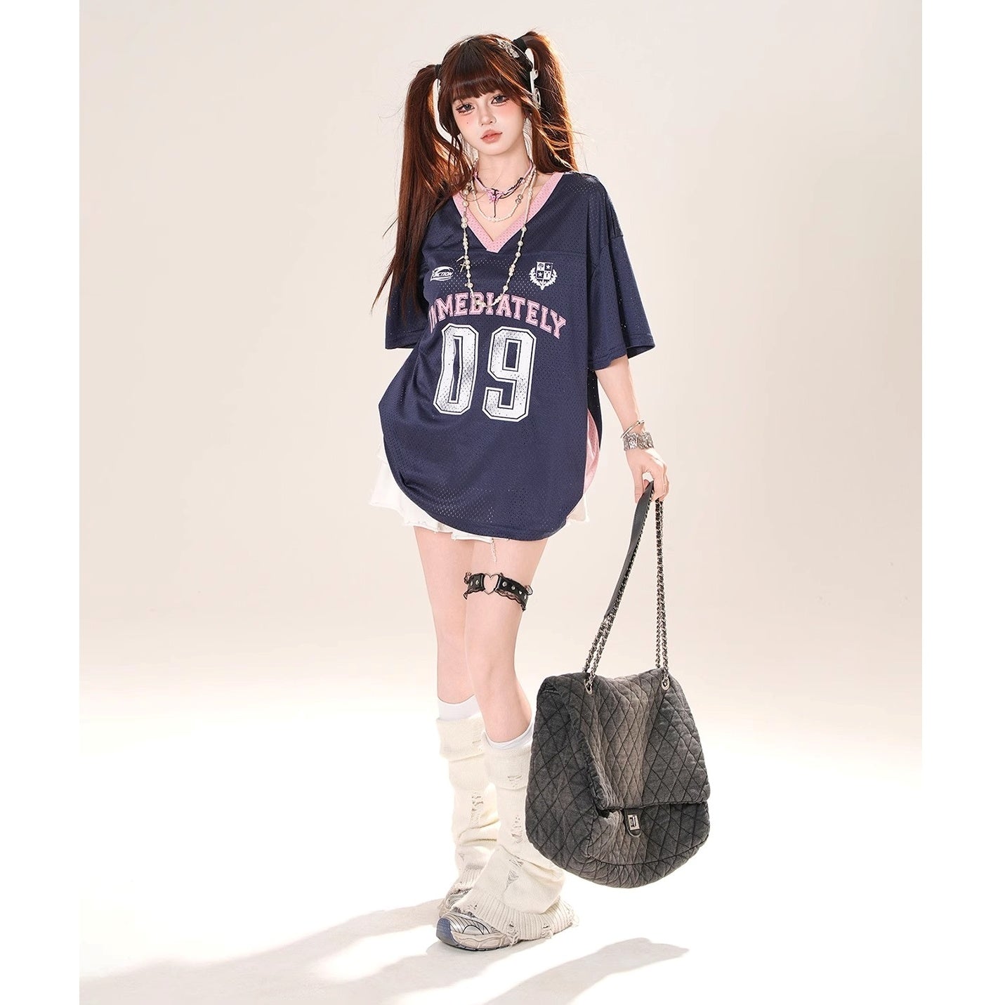 Drop-shoulder V-Neck Mesh T-Shirt KK2070