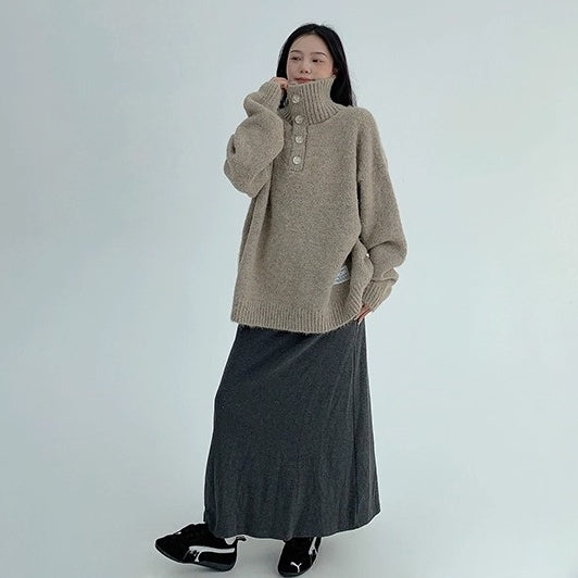 High Neck Half-Button Loose Sweater OS2054