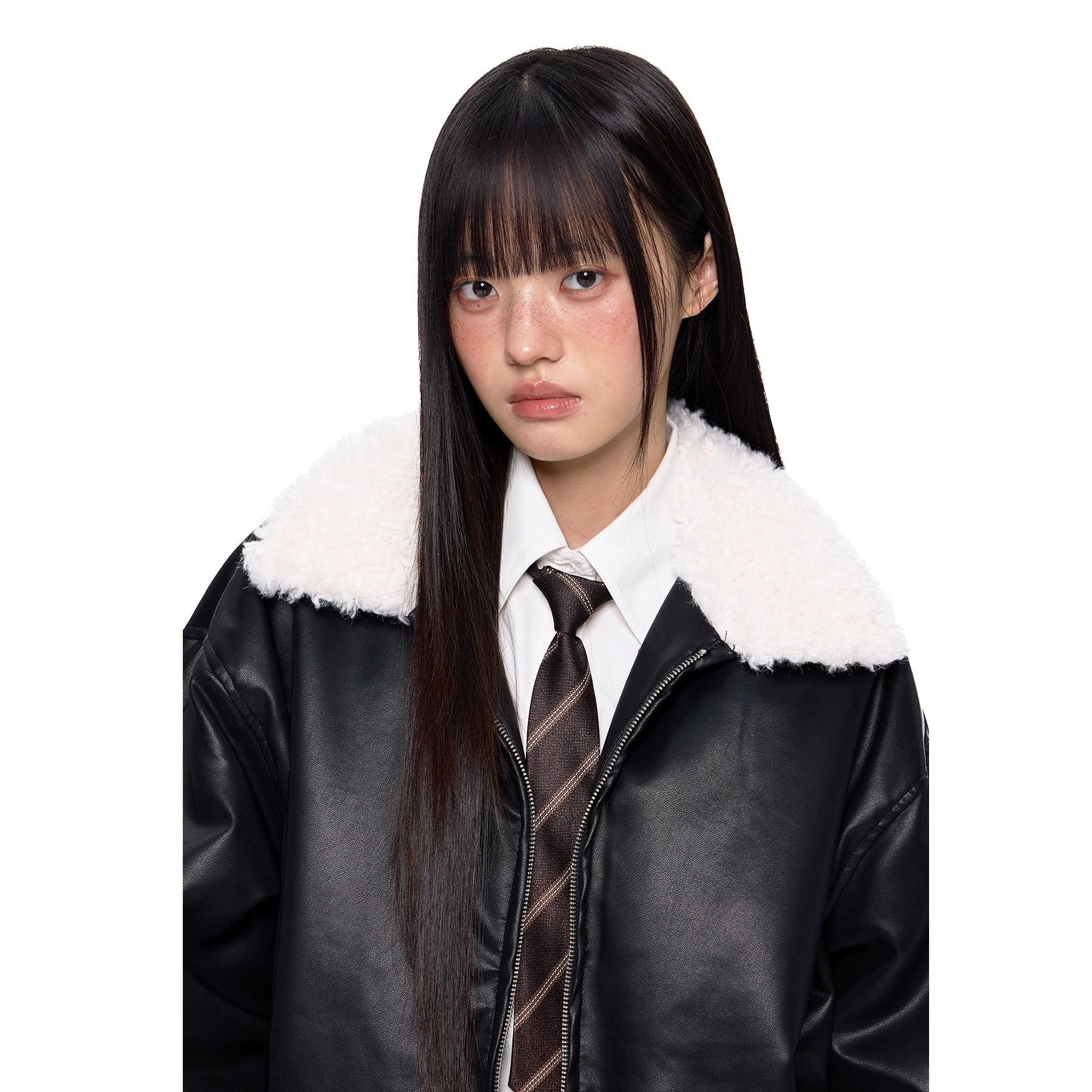 Contrast Lapel PU Leather Jacket EZ255