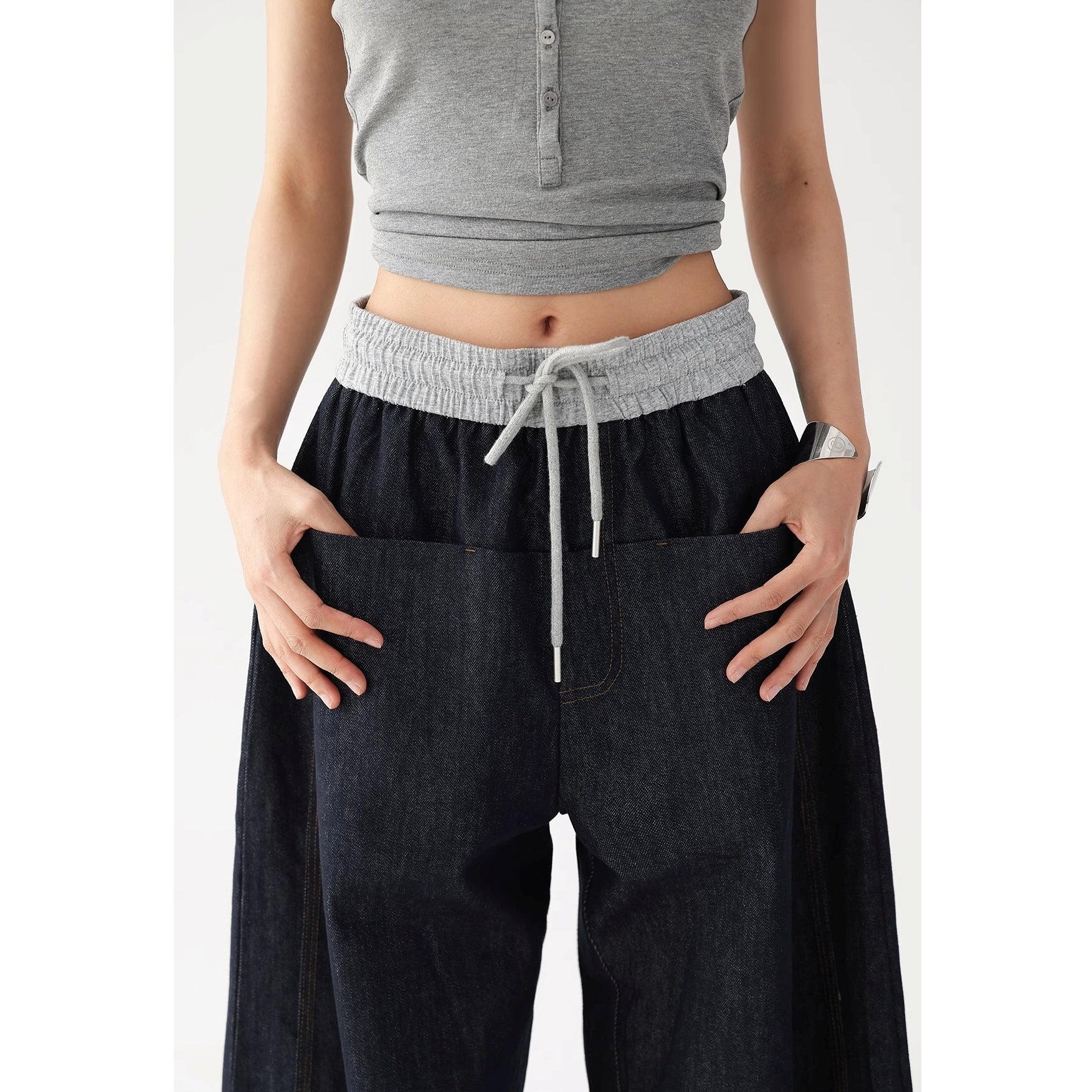 Panelled Elasticated Waistband Loose Curve Jeans AC7121