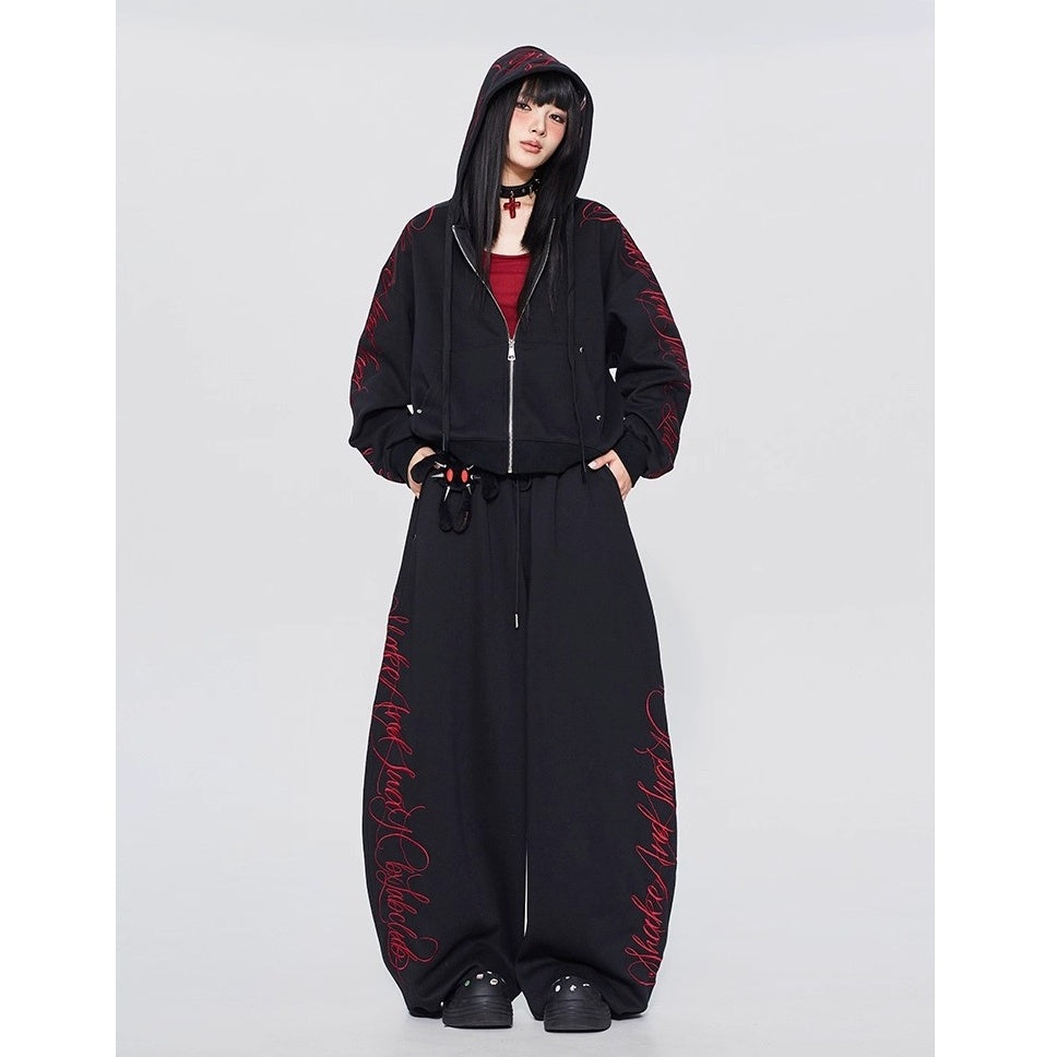 【上下別売り】Gothic Letter Embroidery Hooded Sweat Parka & Pants Set-up CB1001