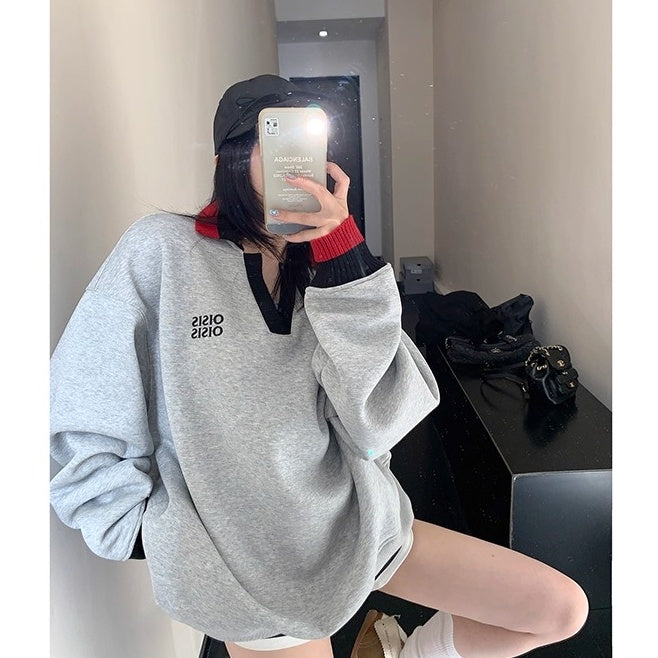 Contrast Polo Collar Loose Sweat OS2045