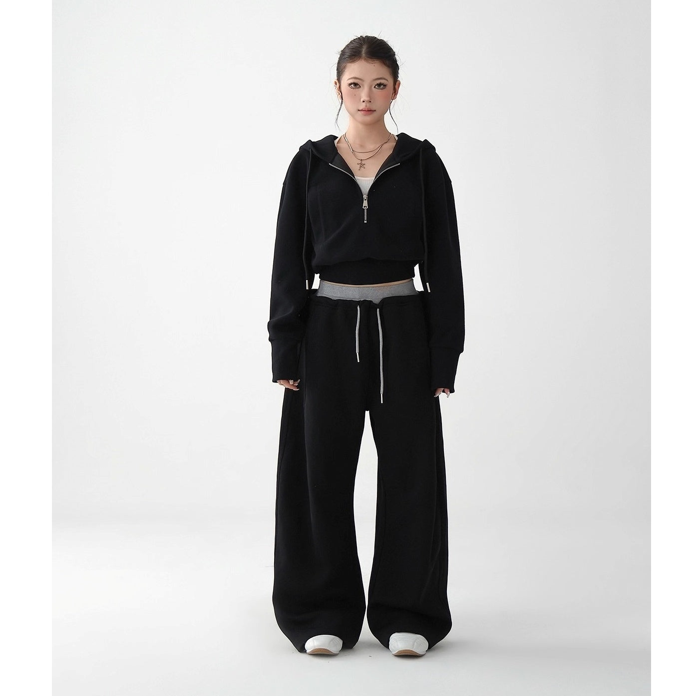 【上下別売り】Half-ZIP Cropped Hoodie & Loose Pants Set-up AC7159