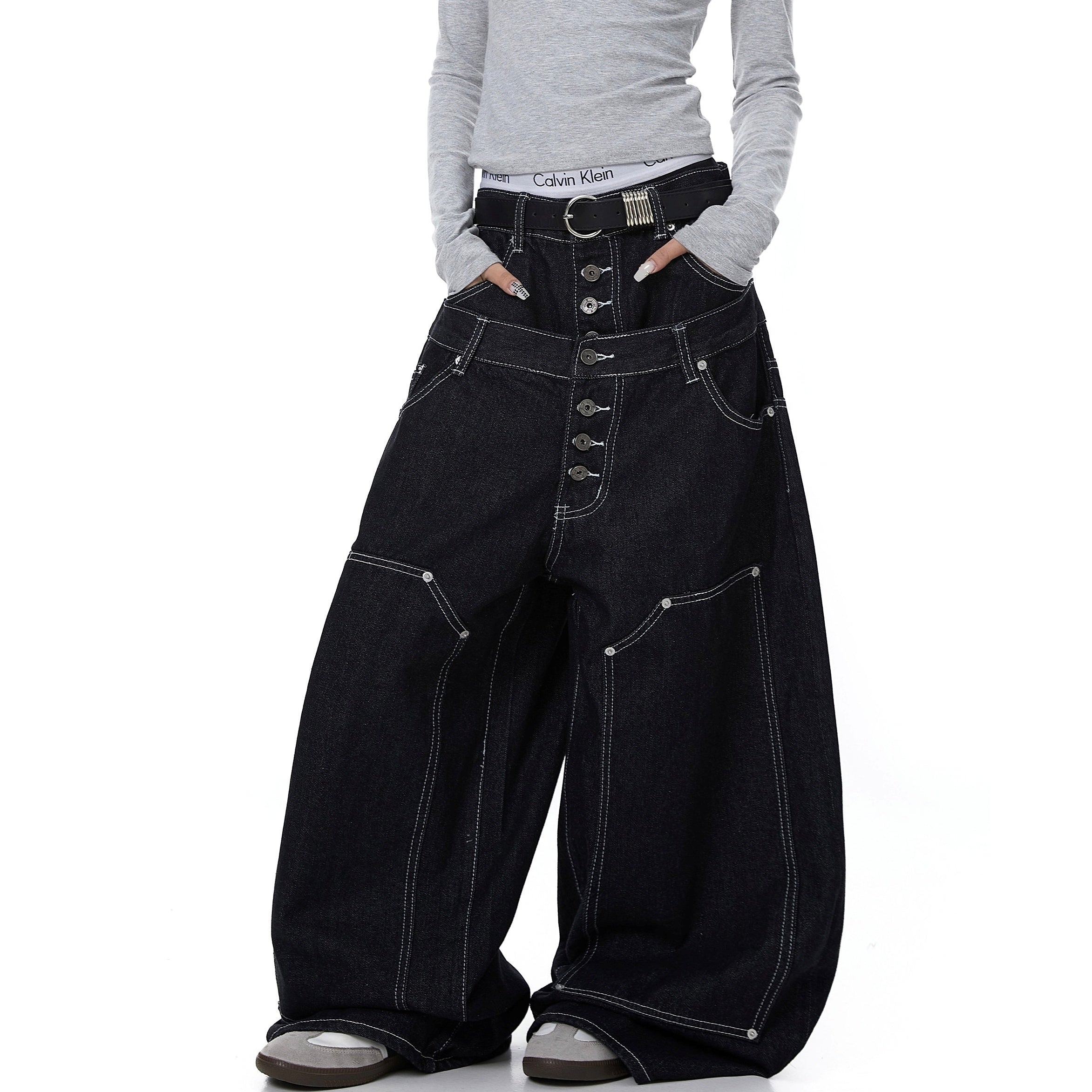 Double Waist Stitch Design Wide Curve Jeans BK7075