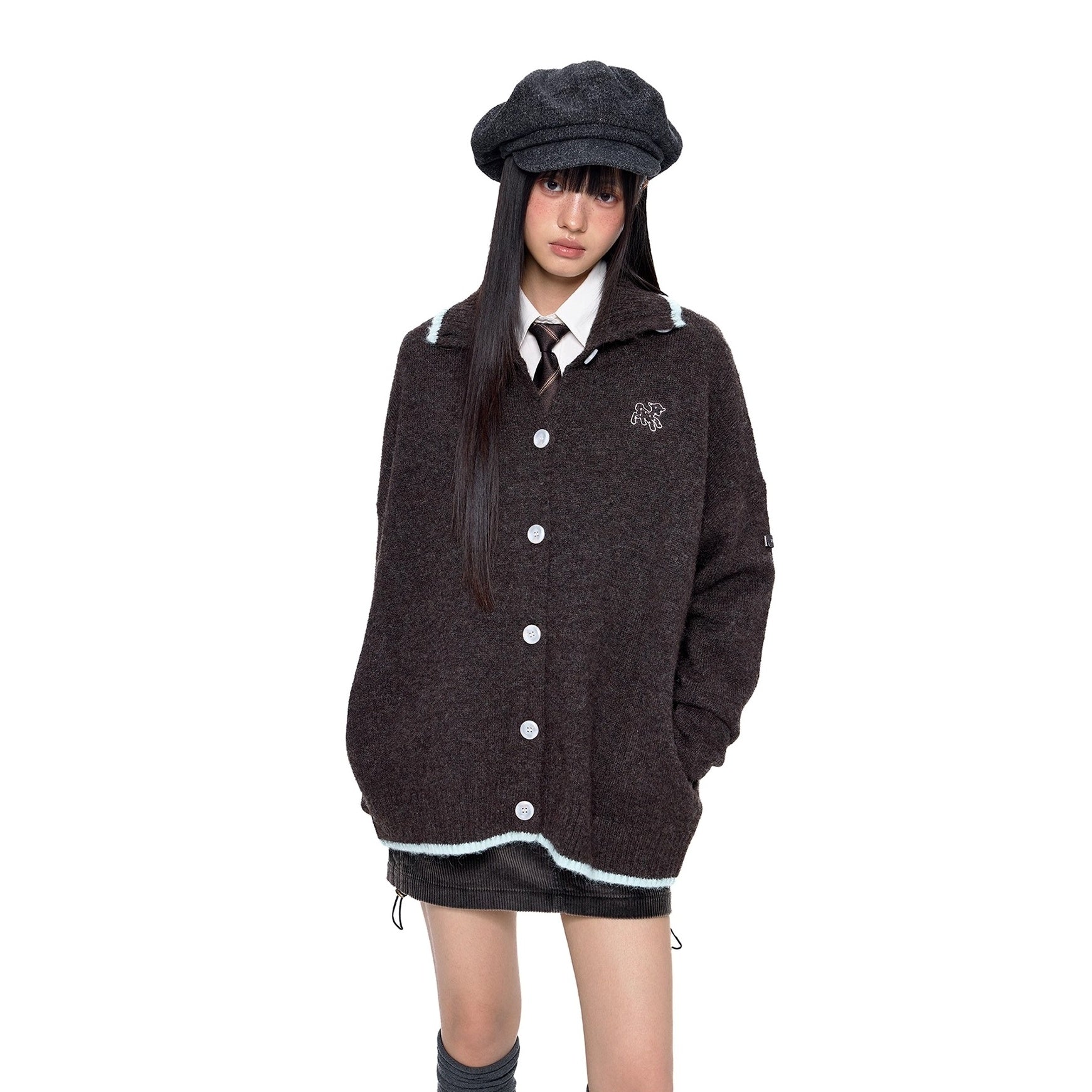 Puppy Embroidered Lapel Knit Cardigan EZ258