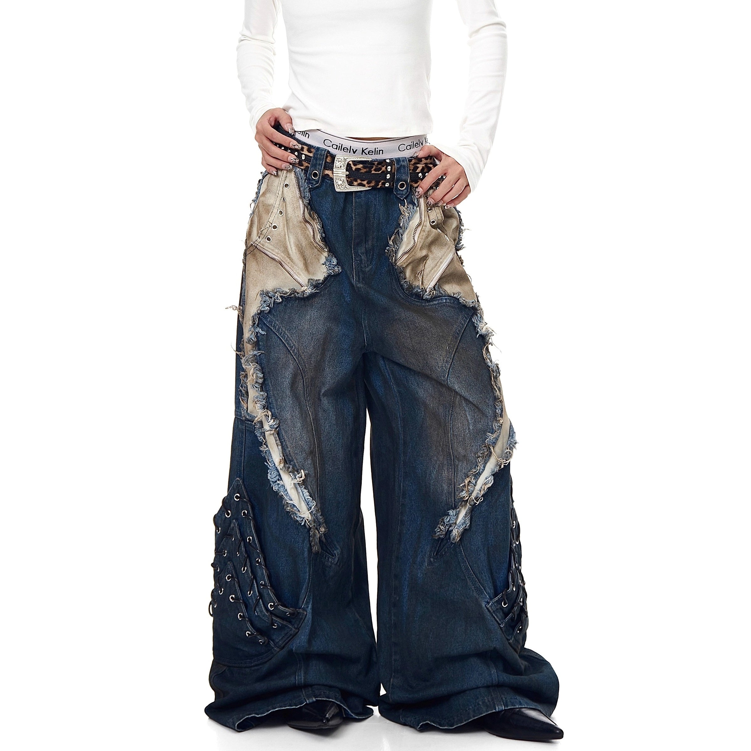 Industry Old Stained Patchwork Wide-leg Jeans BK7017