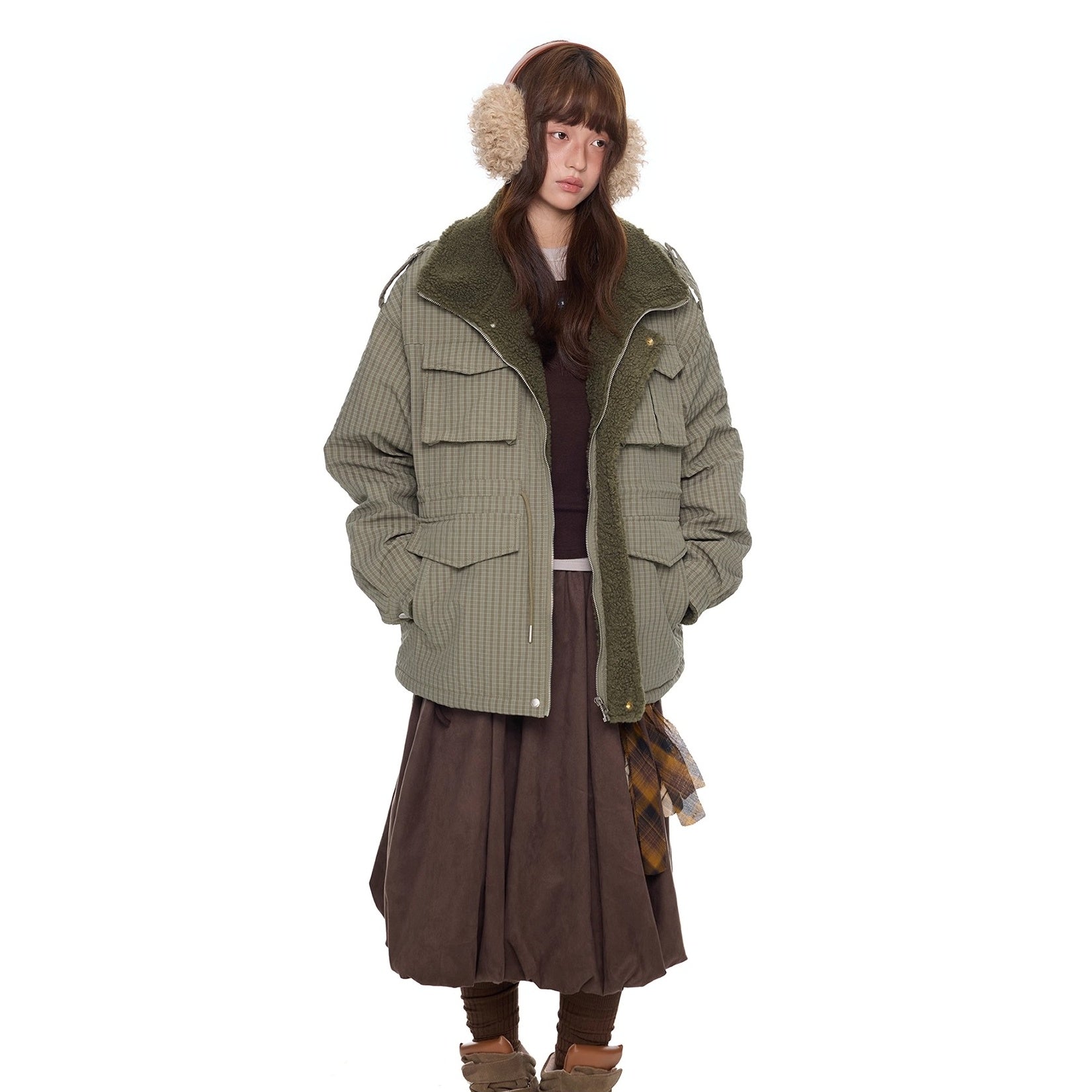 Fluffy Plaid Cargo Pocket Padded Jacket EZ284