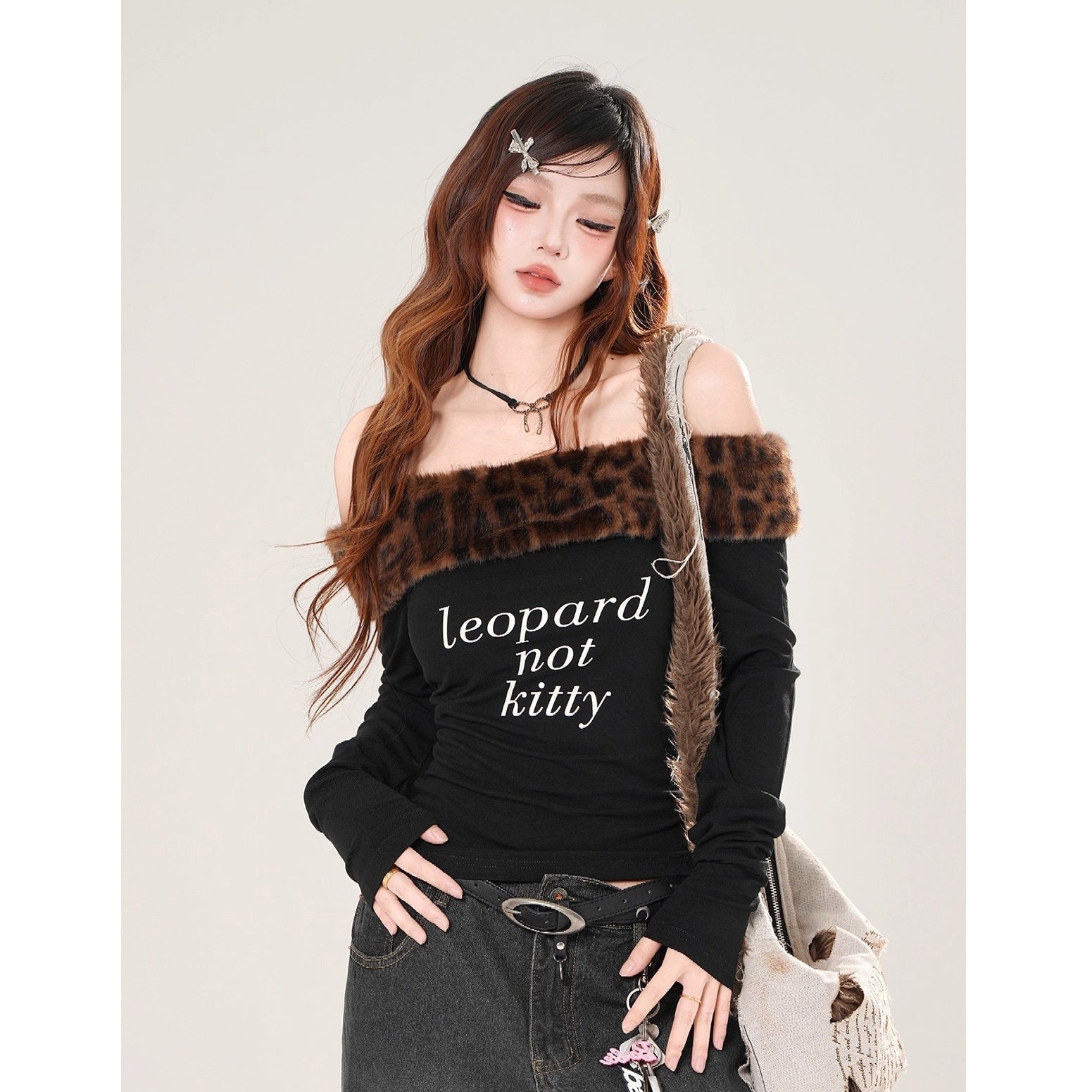 Leopard Lapel Off-shoulder Long-sleeved T-shirt KK2080