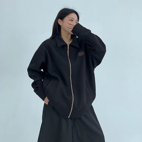 Drop Shoulder Embroidered Lapel Sweat Jacket OS2040