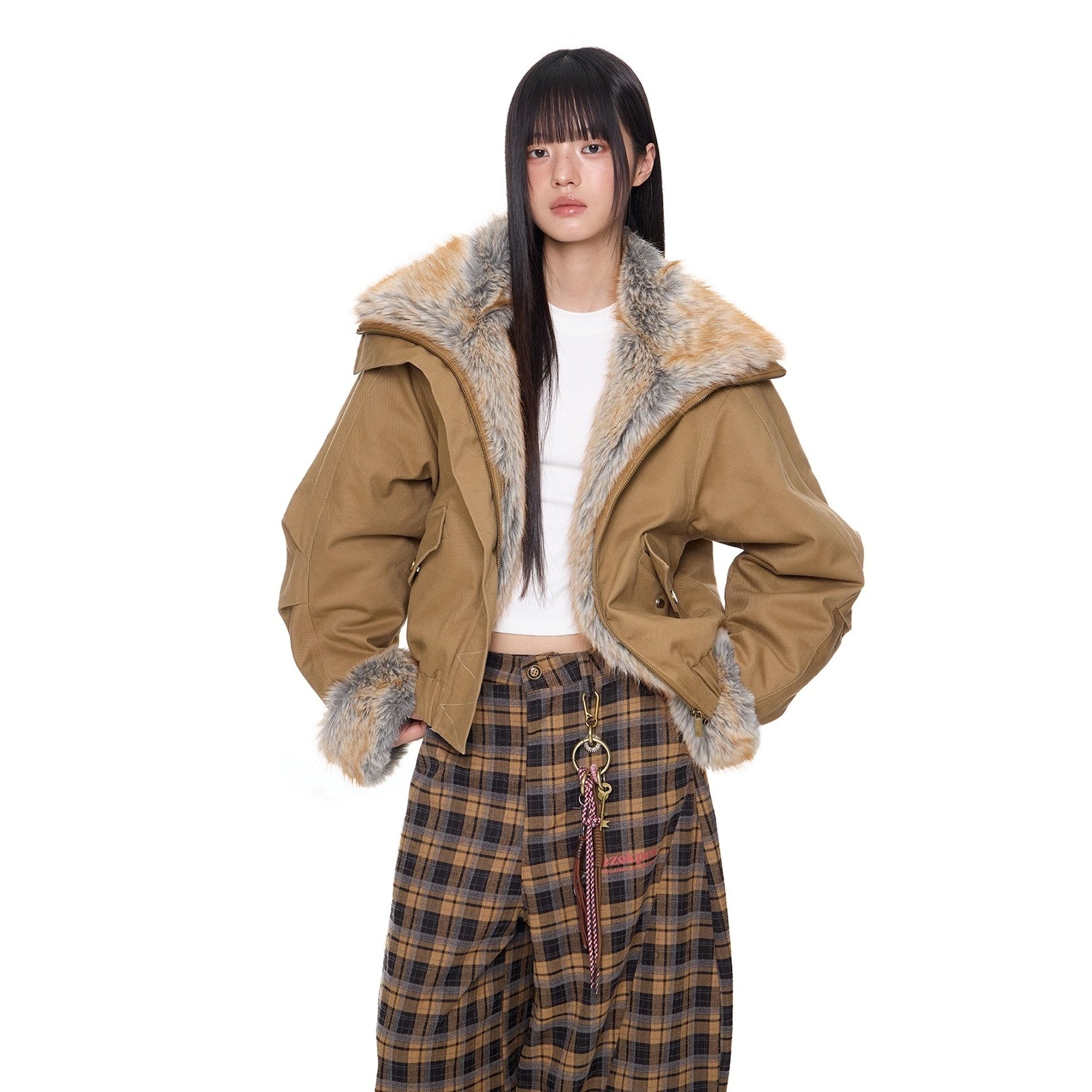Large Fur Lapel Cropped Jacket EZ294