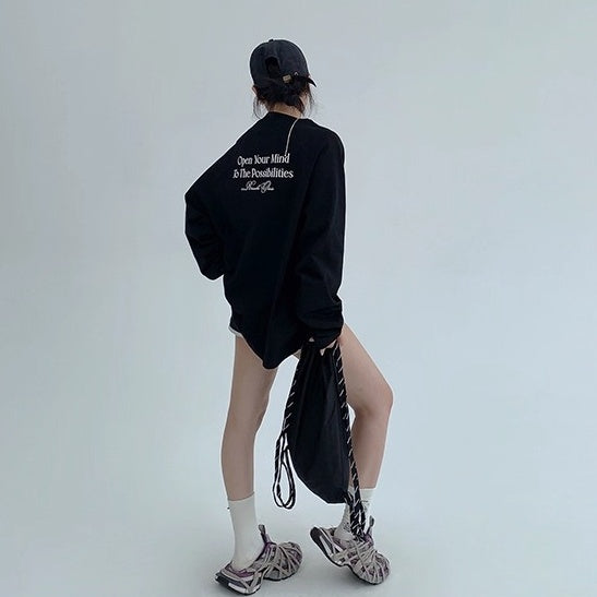 Relaxation Lazy Letter Print Long-sleeved T-shirt OS2036