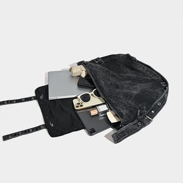 Washed Denim Rivet Commuter Shoulder Bag MW10327