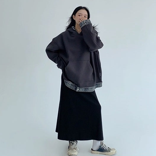 Contrasting Splicing Denim Hooded Sweat OS2056