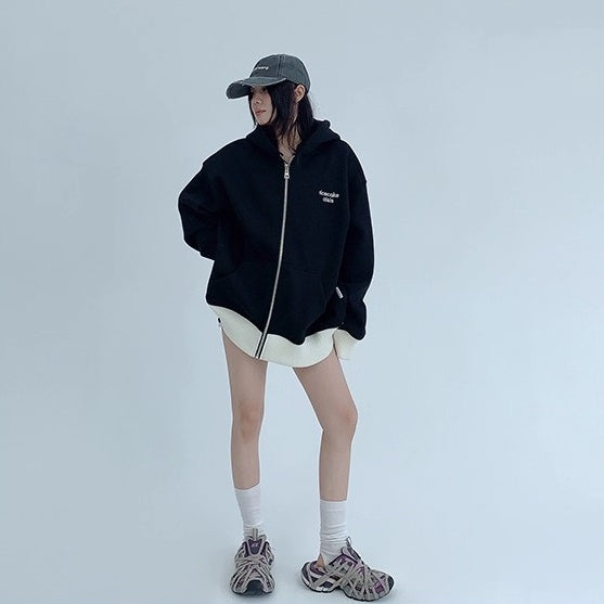 Contrast Embroidery Zip Hooded Jacket OS2043