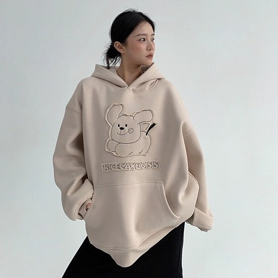 Retro Patch Embroidery Cartoon Plush Hoodie OS2070