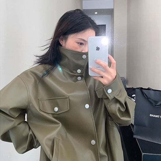 High-Neck PU Leather Jacket OS2046