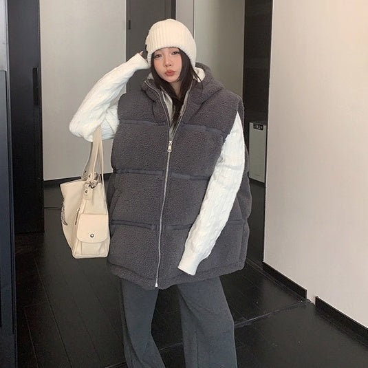 Loose Hooded Boa Padded Vest OS2073