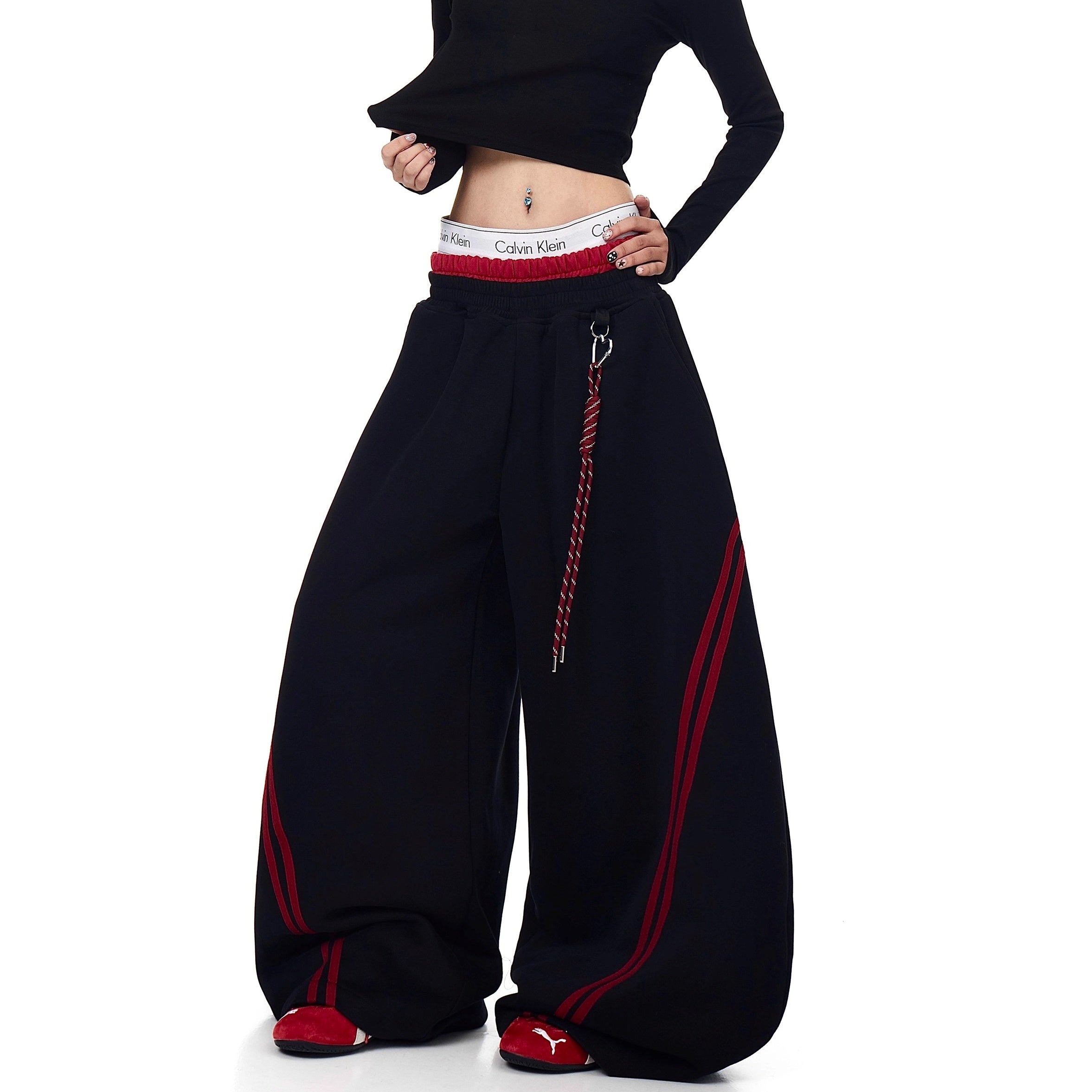 Striped Patchwork Double-waisted Scimitar Sweat Pants BK7044