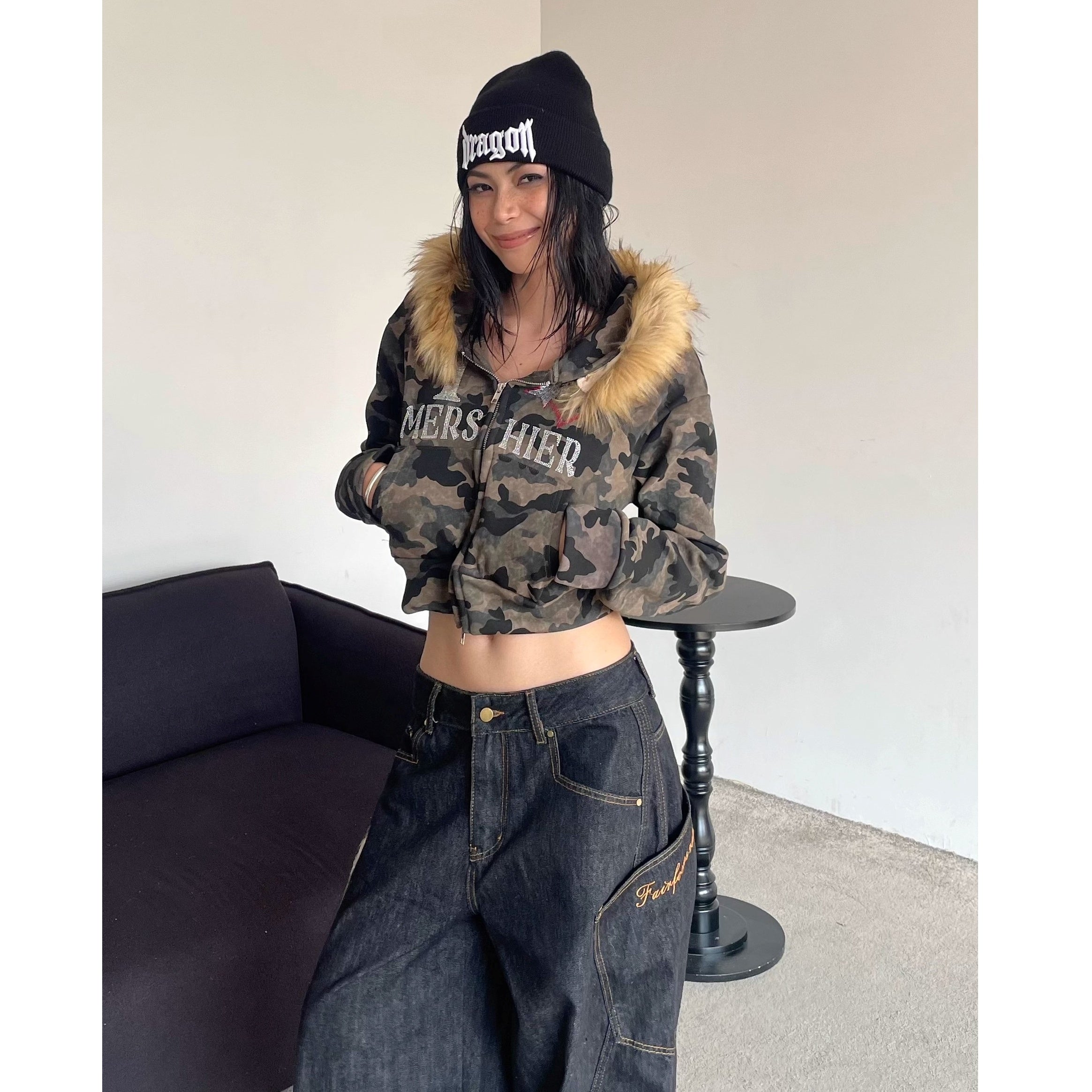 Fur Collar Camouflage Rhinestone Cropped Hoodie Parka MW10302