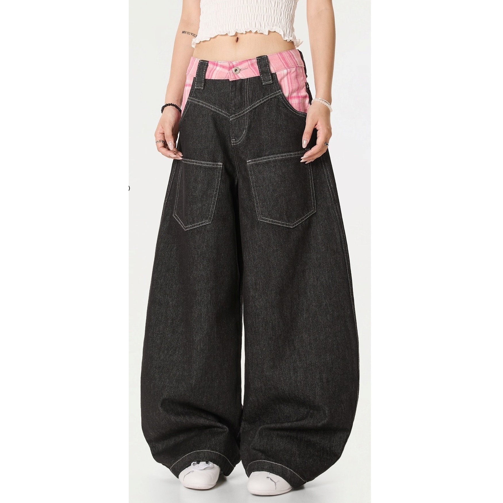 Check-panelled Curve Buggy Jeans MW10234