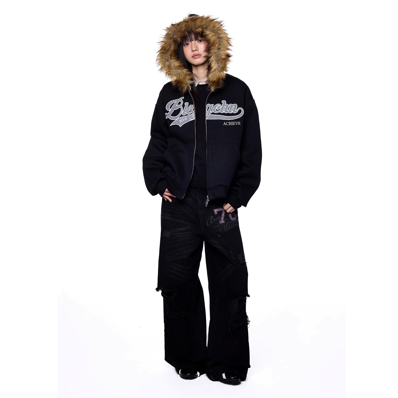 Monogram Embroidered Fur Collar Hooded Sweat Jacket EZ262