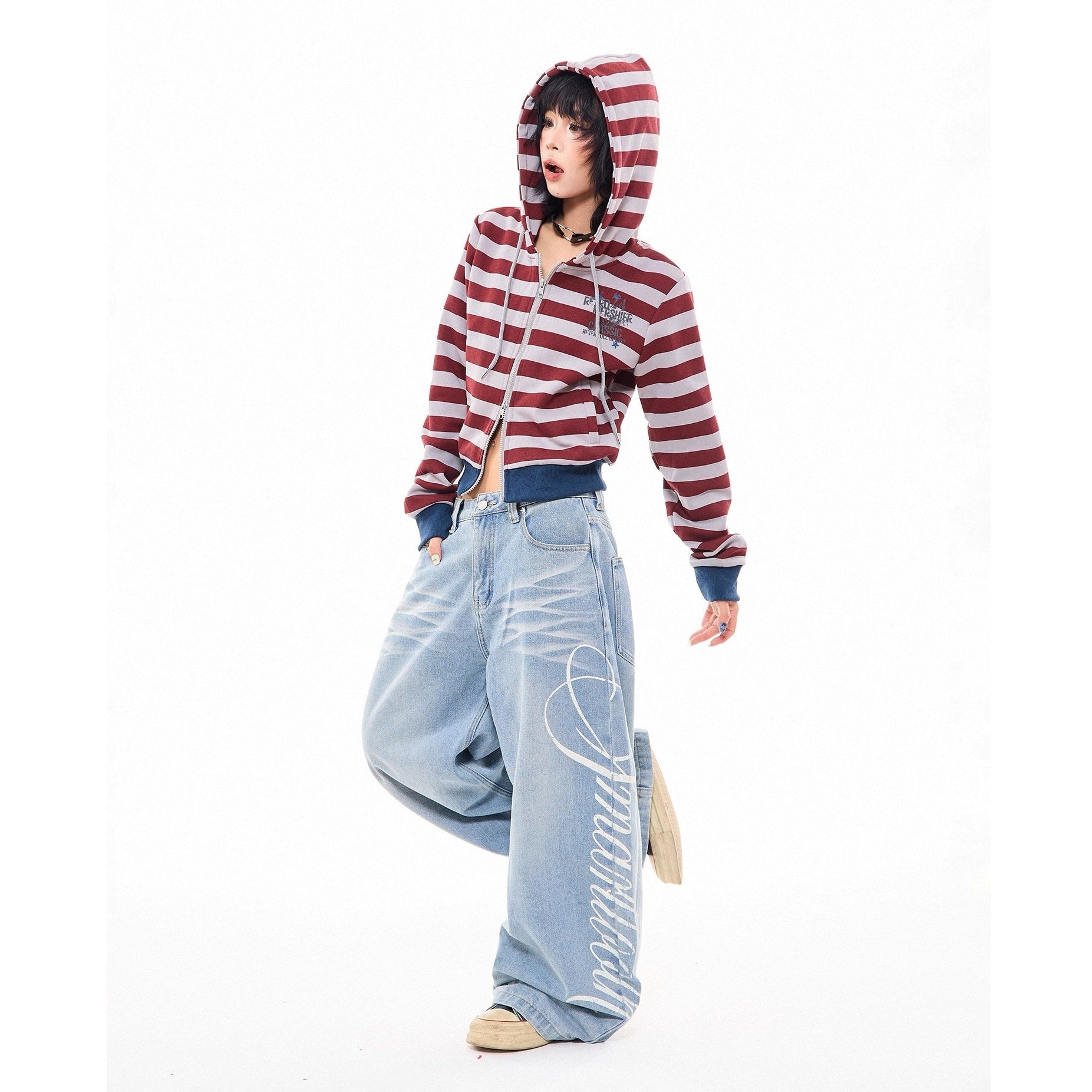 Side Print Washed Cat Whiskers Curve Jeans MW10259