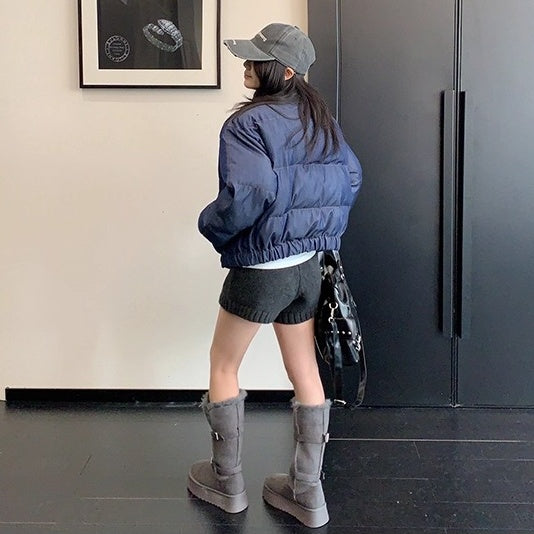 Denim Fabric Cropped Puffer Jacket OS2062