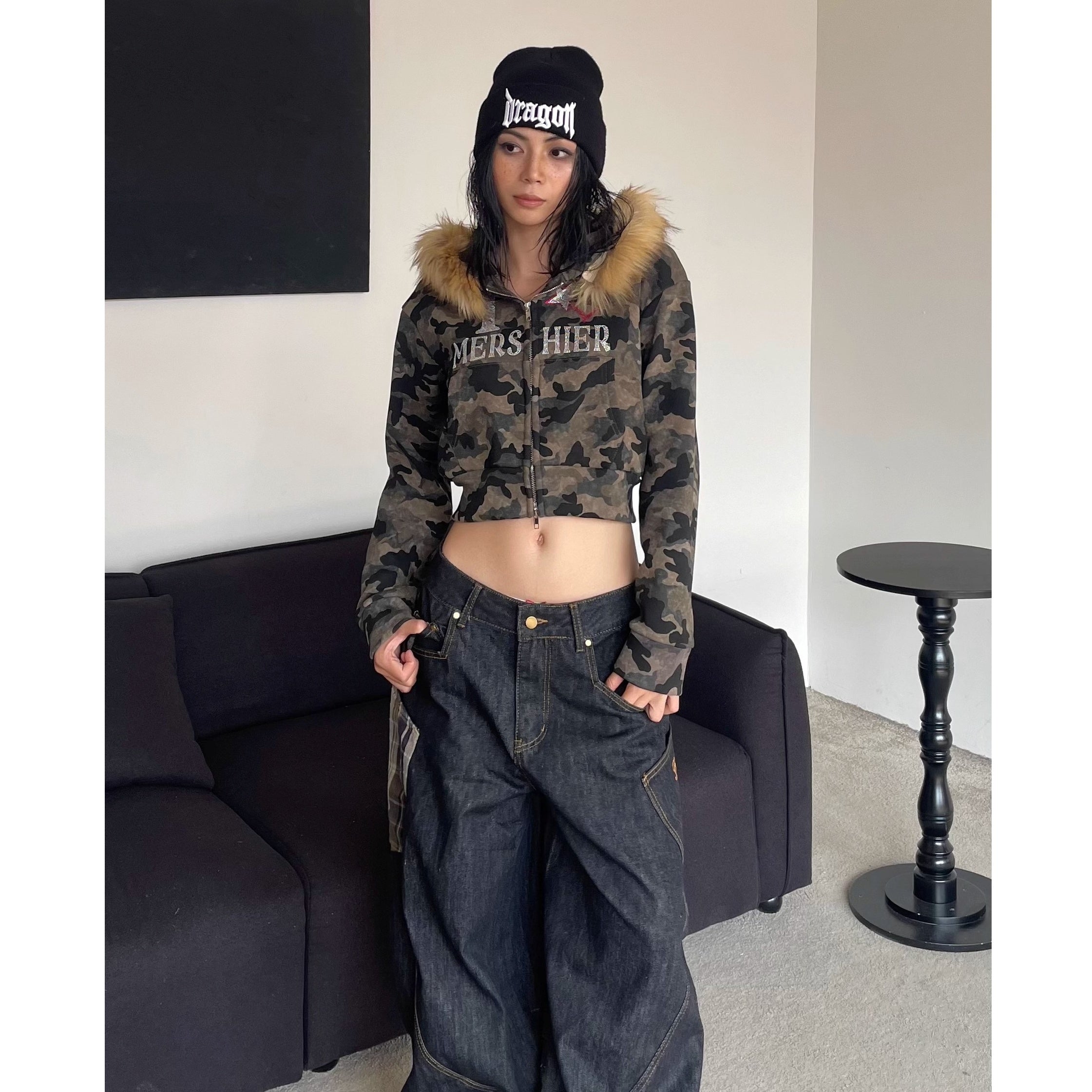 Fur Collar Camouflage Rhinestone Cropped Hoodie Parka MW10302