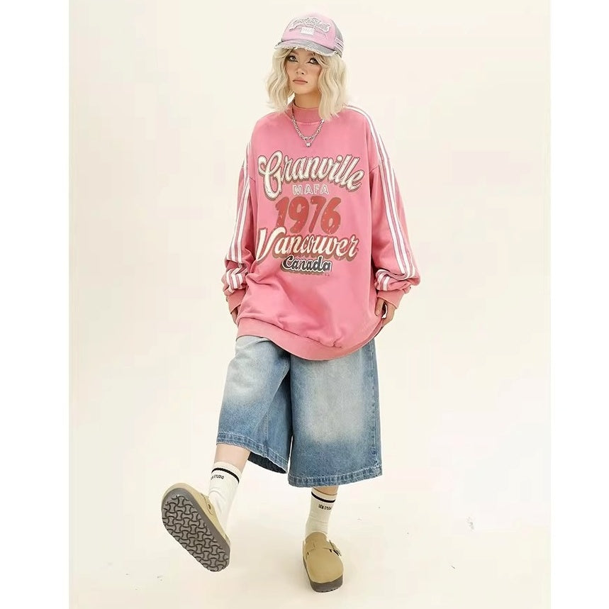 Three-bar Distressed Letter Print Sweat MW10382