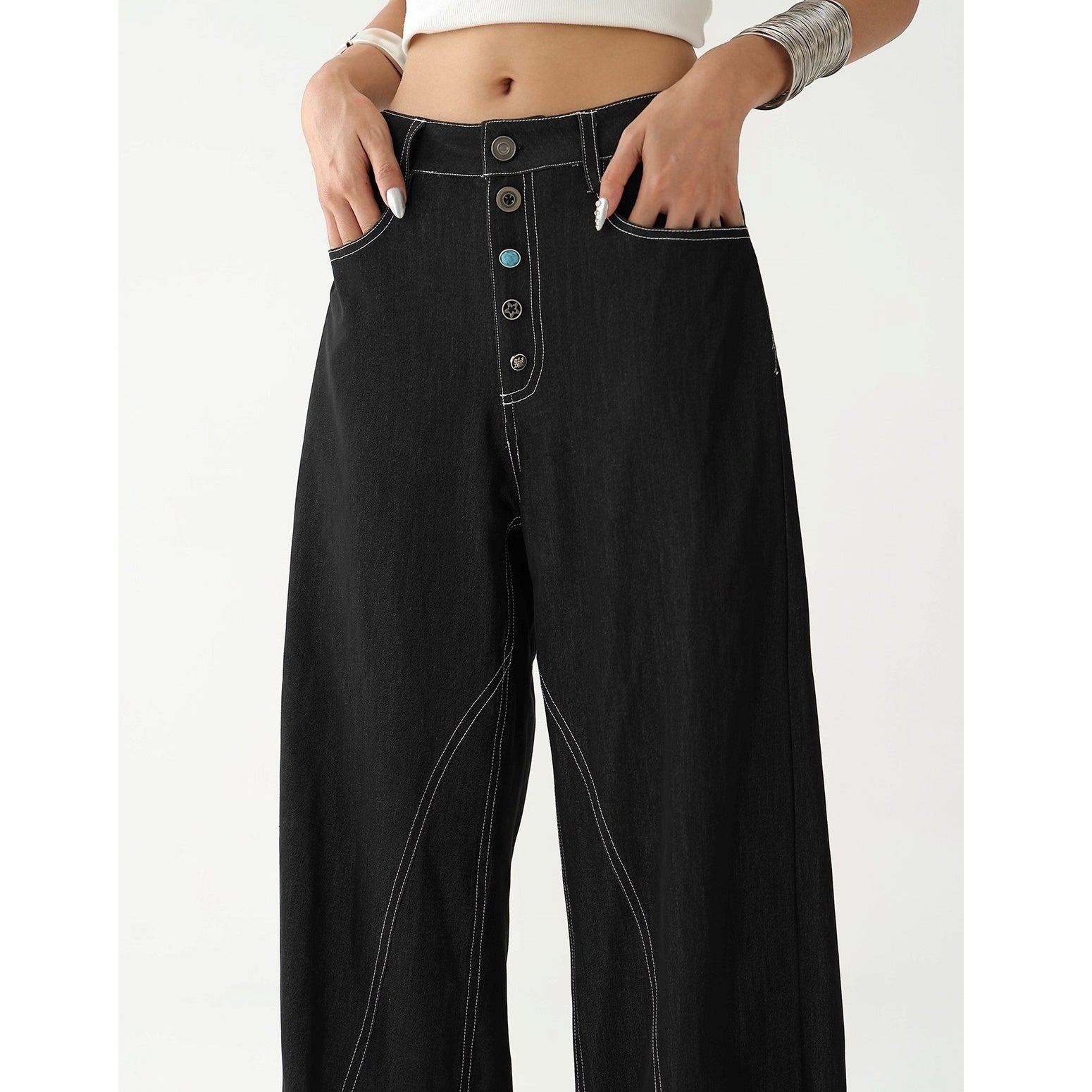 Button  Wide-leg Stitch Pants AC7130