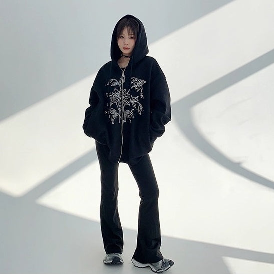 Flower Embroidered Loose Hooded Jacket OS2050