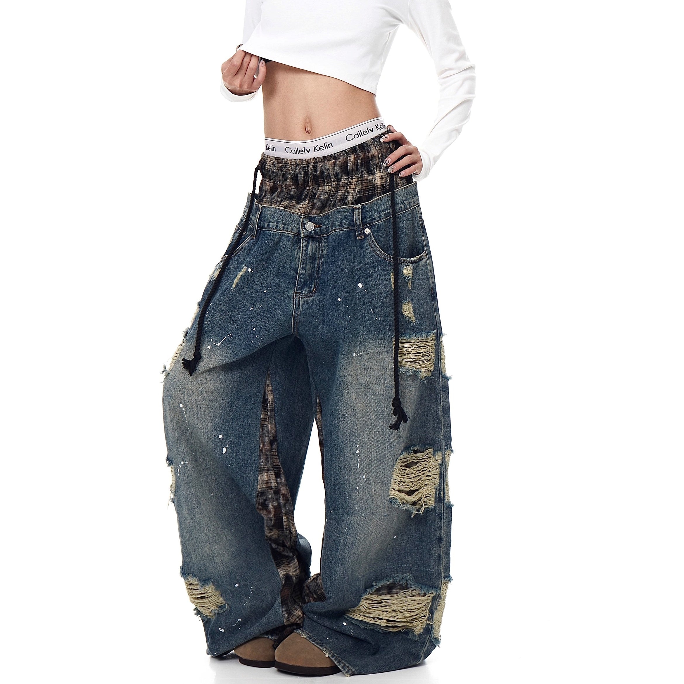 Double Waist Splicing Ripped Curve Jeans MW10273