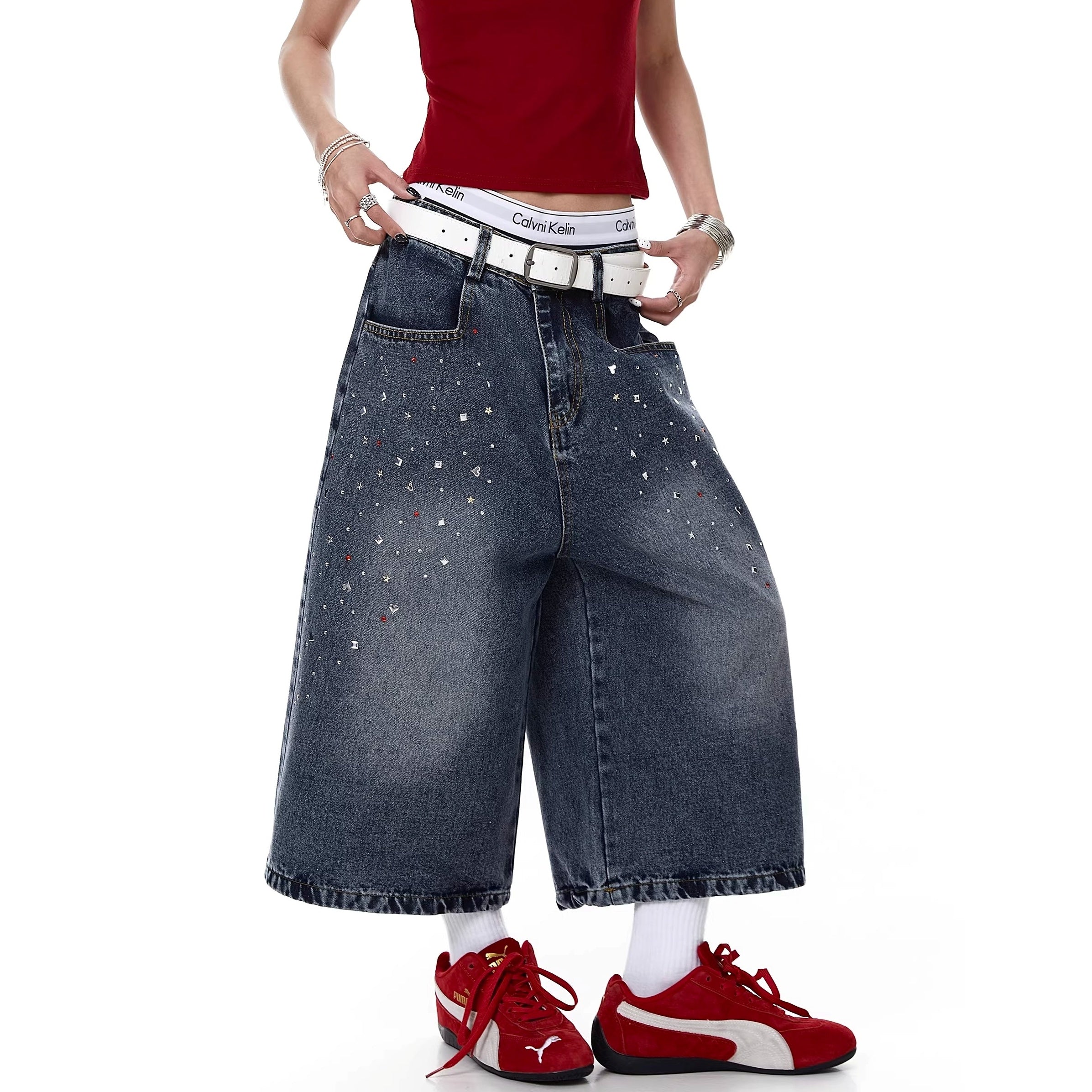 Rhinestone Washed Denim Cropped Pants MW10384